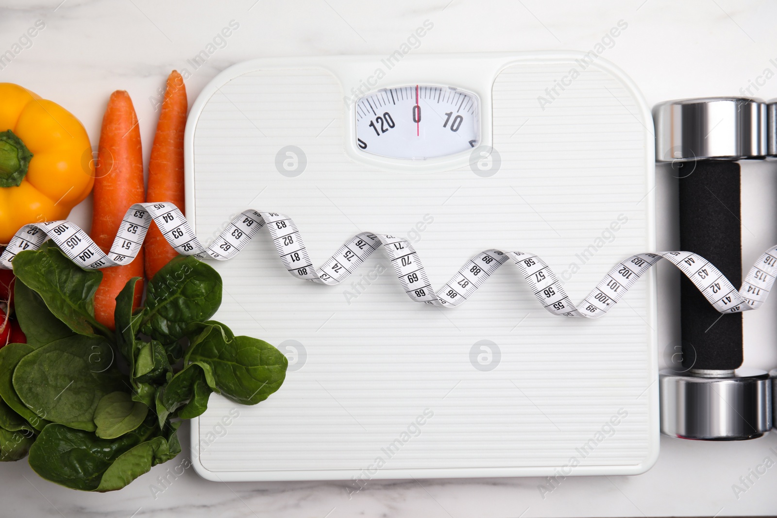Flat lay composition with scales and vegetables on white marble table, Photo of Flat lay composition with scales and vegetables on white marble table,