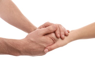 Photo of Man and woman holding hands on white background, closeup