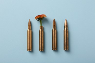 Bullets and cartridge case with beautiful flower on light blue background, flat lay