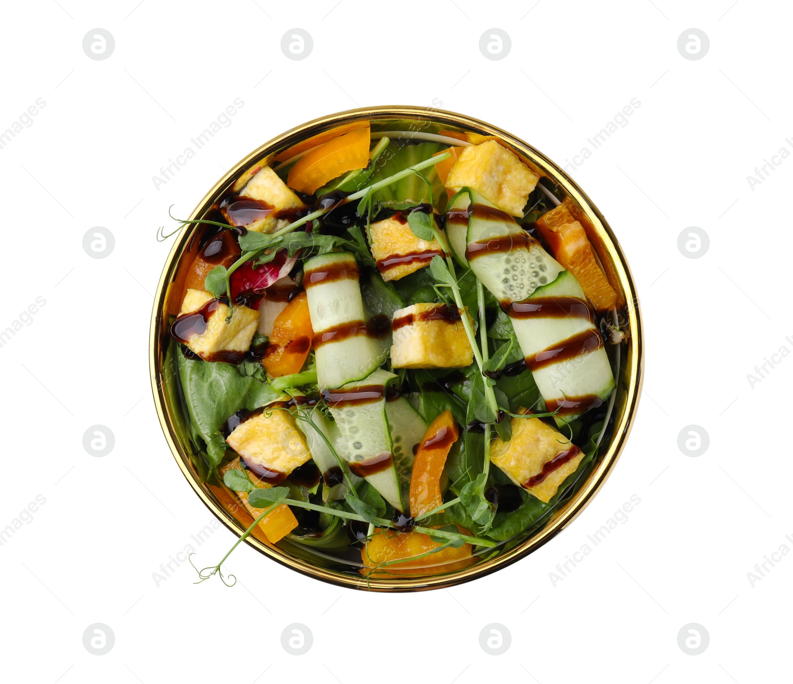 Photo of Delicious salad with tofu, vegetables and balsamic vinegar in bowl isolated on white, top view