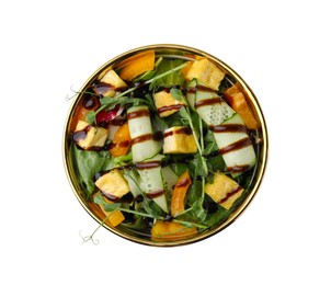 Delicious salad with tofu, vegetables and balsamic vinegar in bowl isolated on white, top view