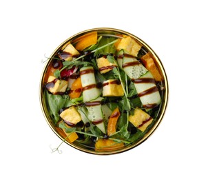 Photo of Delicious salad with tofu, vegetables and balsamic vinegar in bowl isolated on white, top view