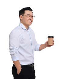 Photo of Businessman in formal clothes with cup of drink on white background