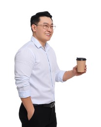 Businessman in formal clothes with cup of drink on white background