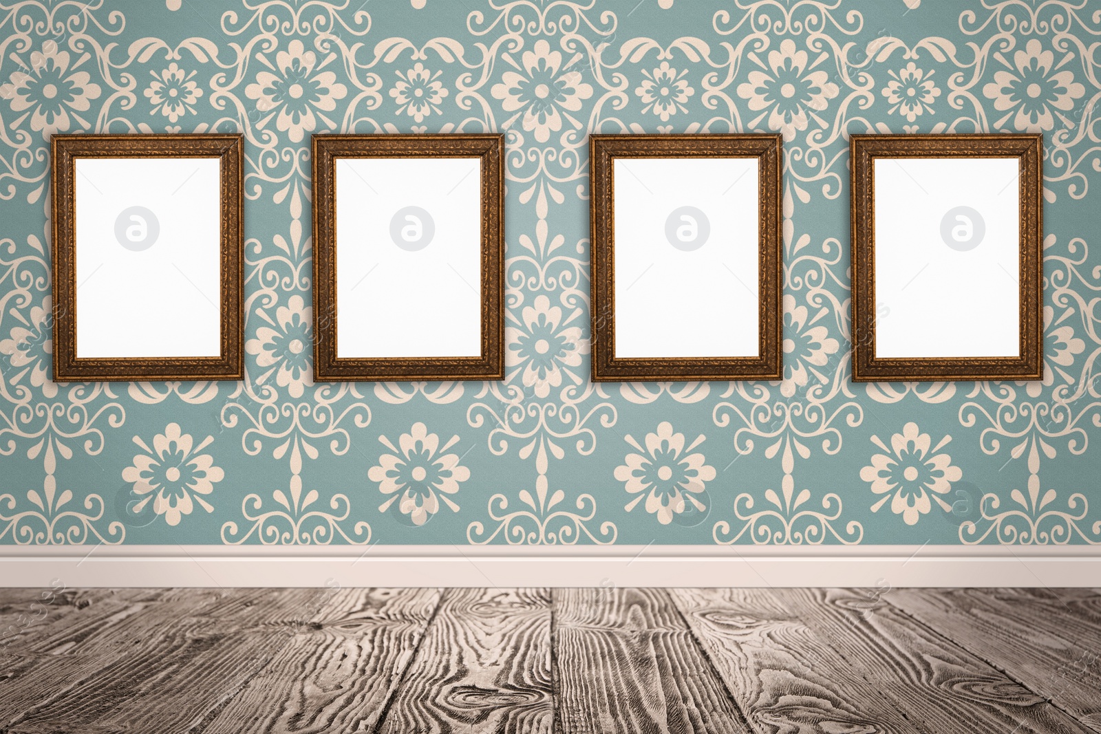 Image of Frames with empty canvases on wall in modern art gallery. Space for design