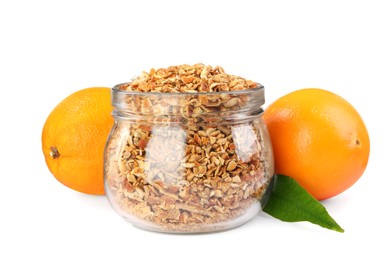 Jar of dried orange zest seasoning and fresh fruits isolated on white