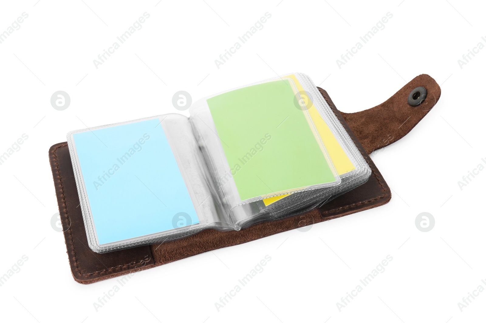 Photo of Leather business card holder with blank cards isolated on white