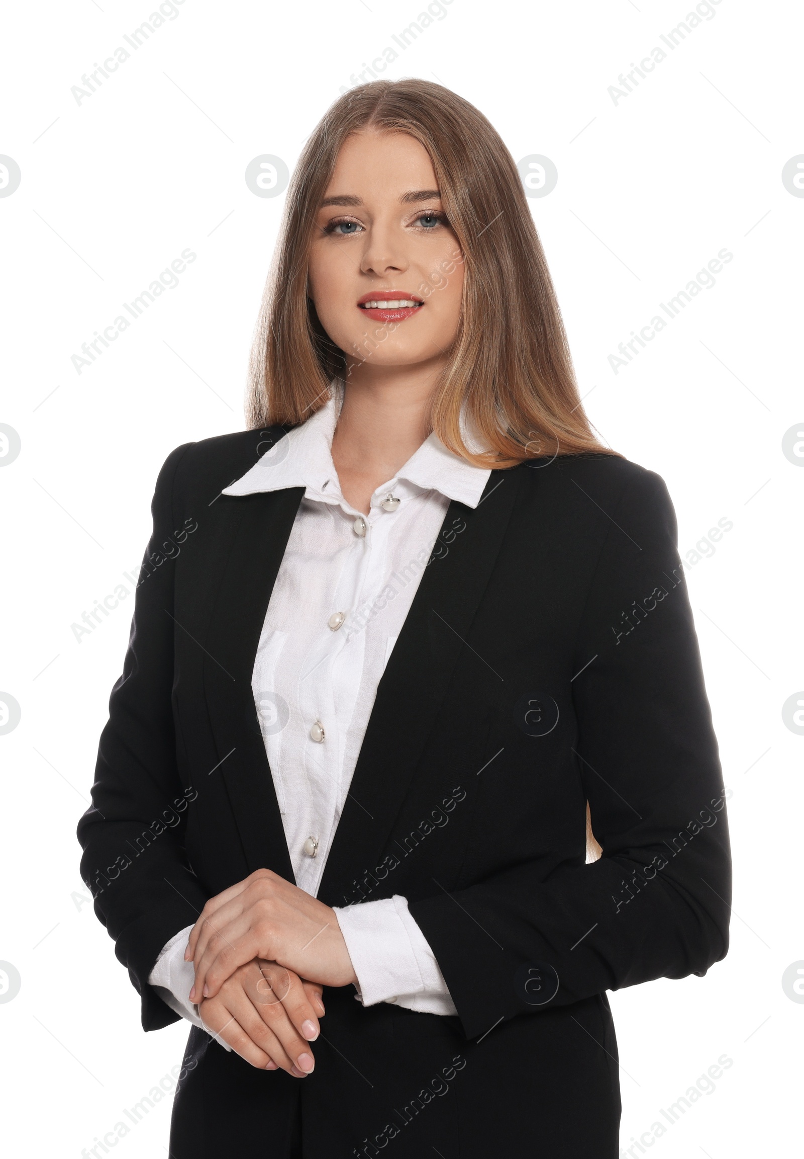 Photo of Portrait of young hostess in uniform on white background