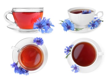 Image of Set with cornflower tea on white background 