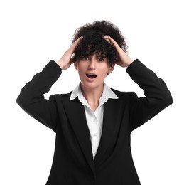 Photo of Beautiful emotional businesswoman in suit on white background