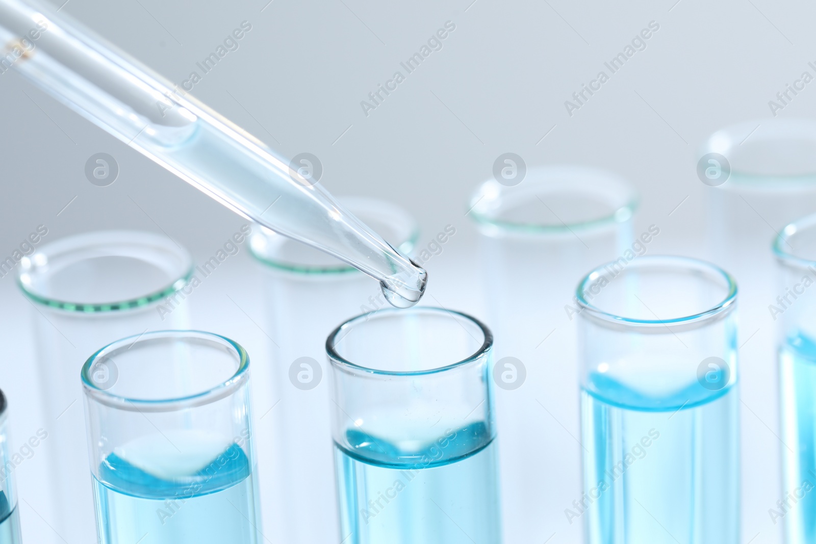 Photo of Dripping liquid from pipette into test tube on light background, closeup