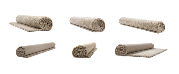 Image of One fluffy rolled carpet isolated on white, set