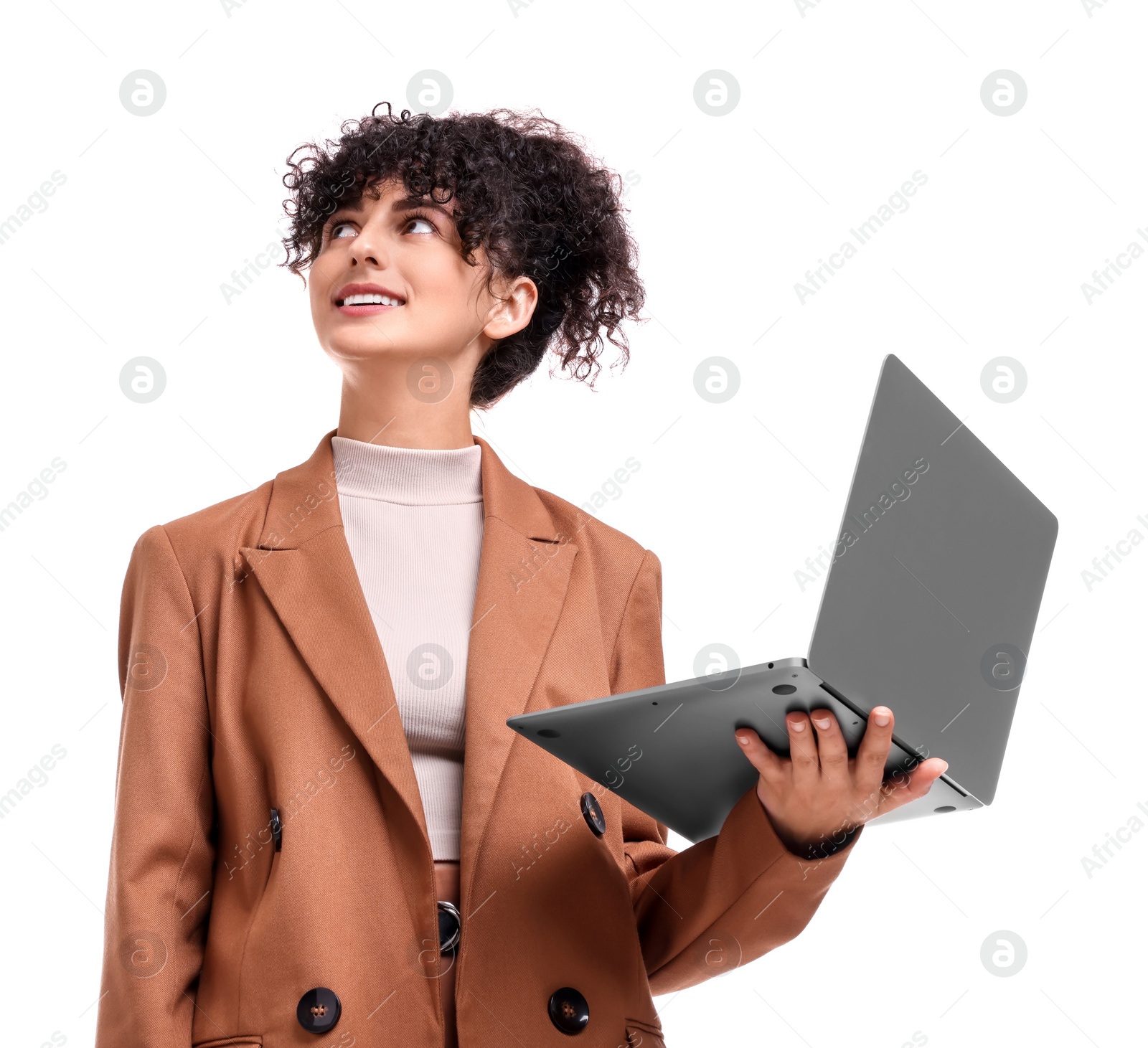 Photo of Beautiful happy businesswoman with laptop on white background, low angle view