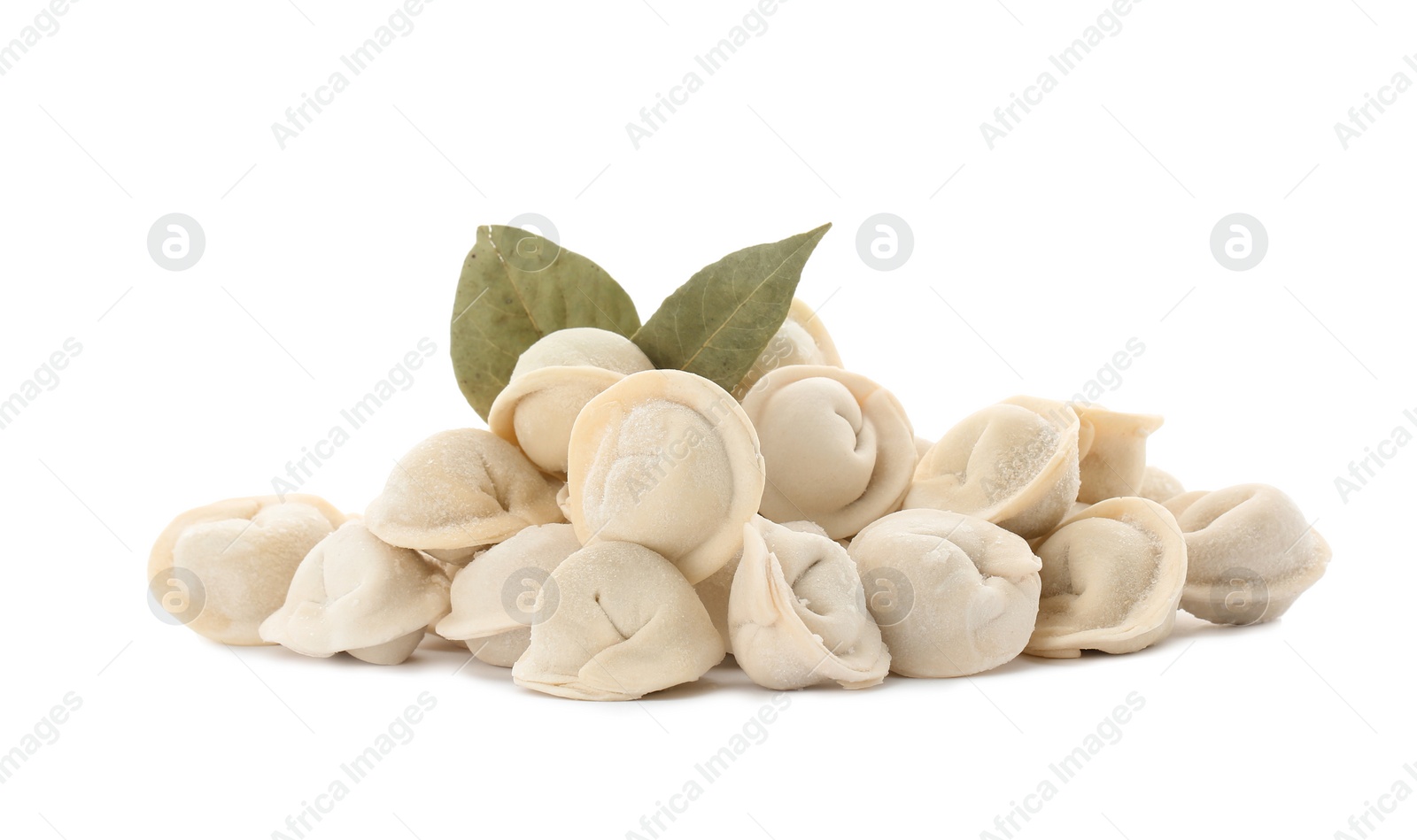 Photo of Raw meat dumplings with bay leaves on white background