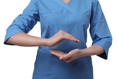 Doctor holding something on white background, closeup