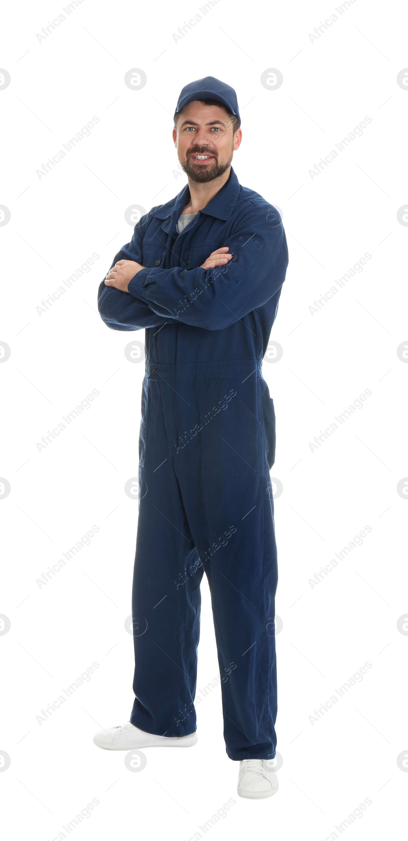 Photo of Full length portrait of professional auto mechanic on white background