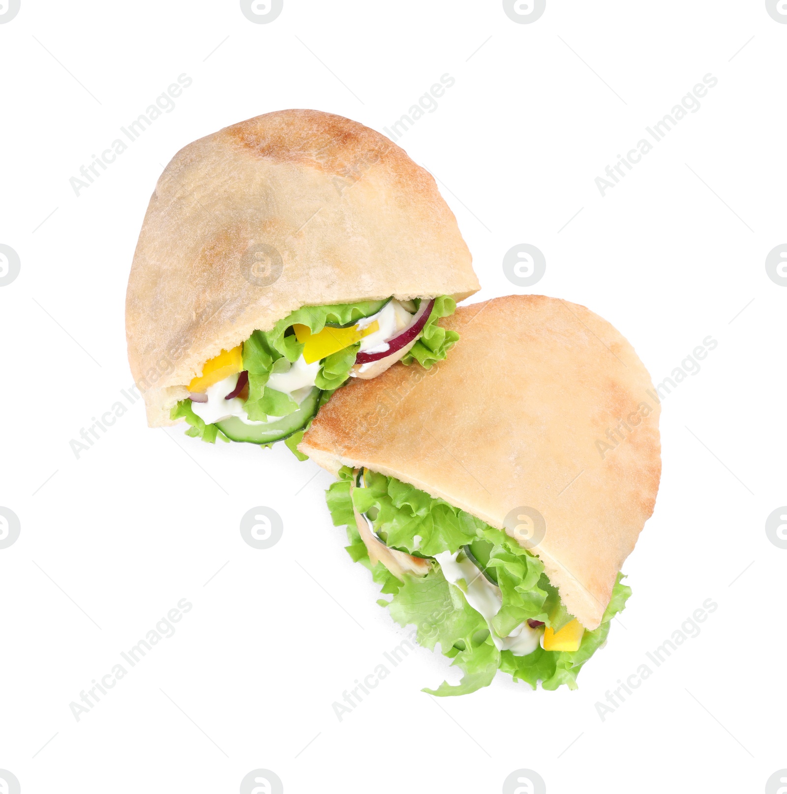 Photo of Delicious pita sandwiches with chicken breast and vegetables on white background, top view