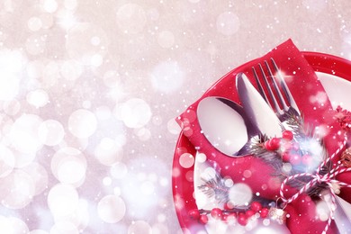 Image of Beautiful Christmas table setting on light background, top view