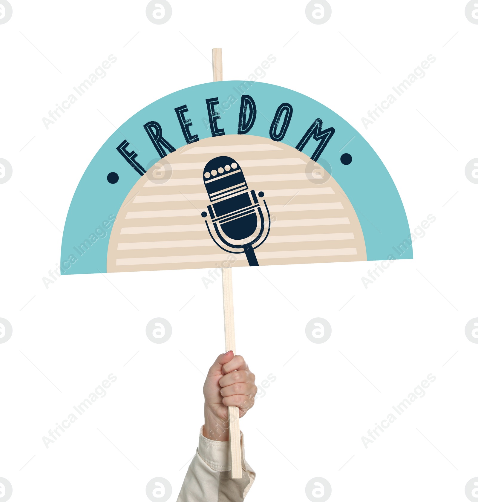 Image of Freedom of speech. Woman holding protest sign on white background, closeup