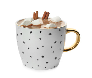 Delicious cocoa drink with cinnamon sticks and marshmallows on white background