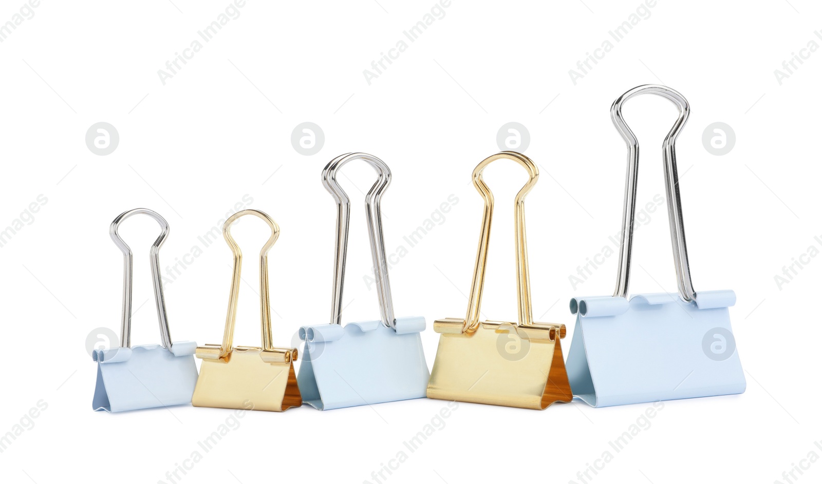 Photo of Different colorful binder clips on white background. Stationery item