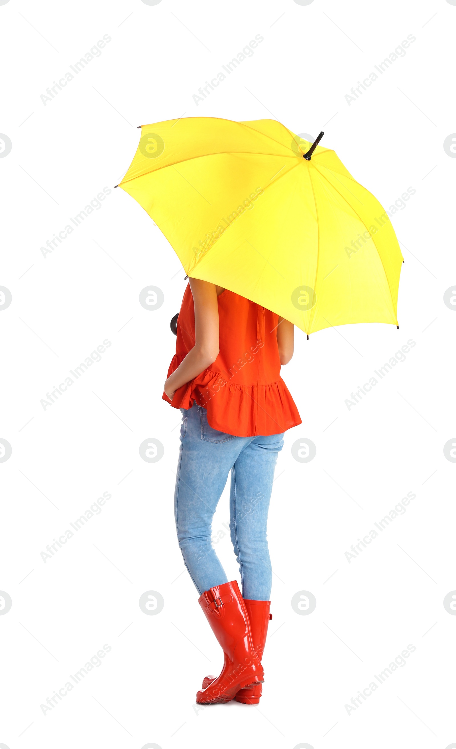 Photo of Woman with yellow umbrella on white background