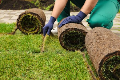 Photo of Worker unrolling grass sods at backyard, closeup