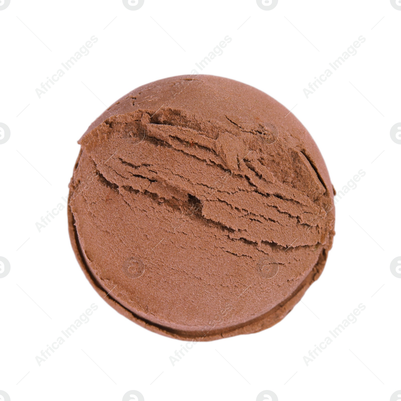 Photo of Scoop of chocolate ice cream isolated on white, top view