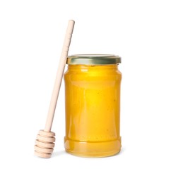 Tasty natural honey in glass jar and dipper isolated on white