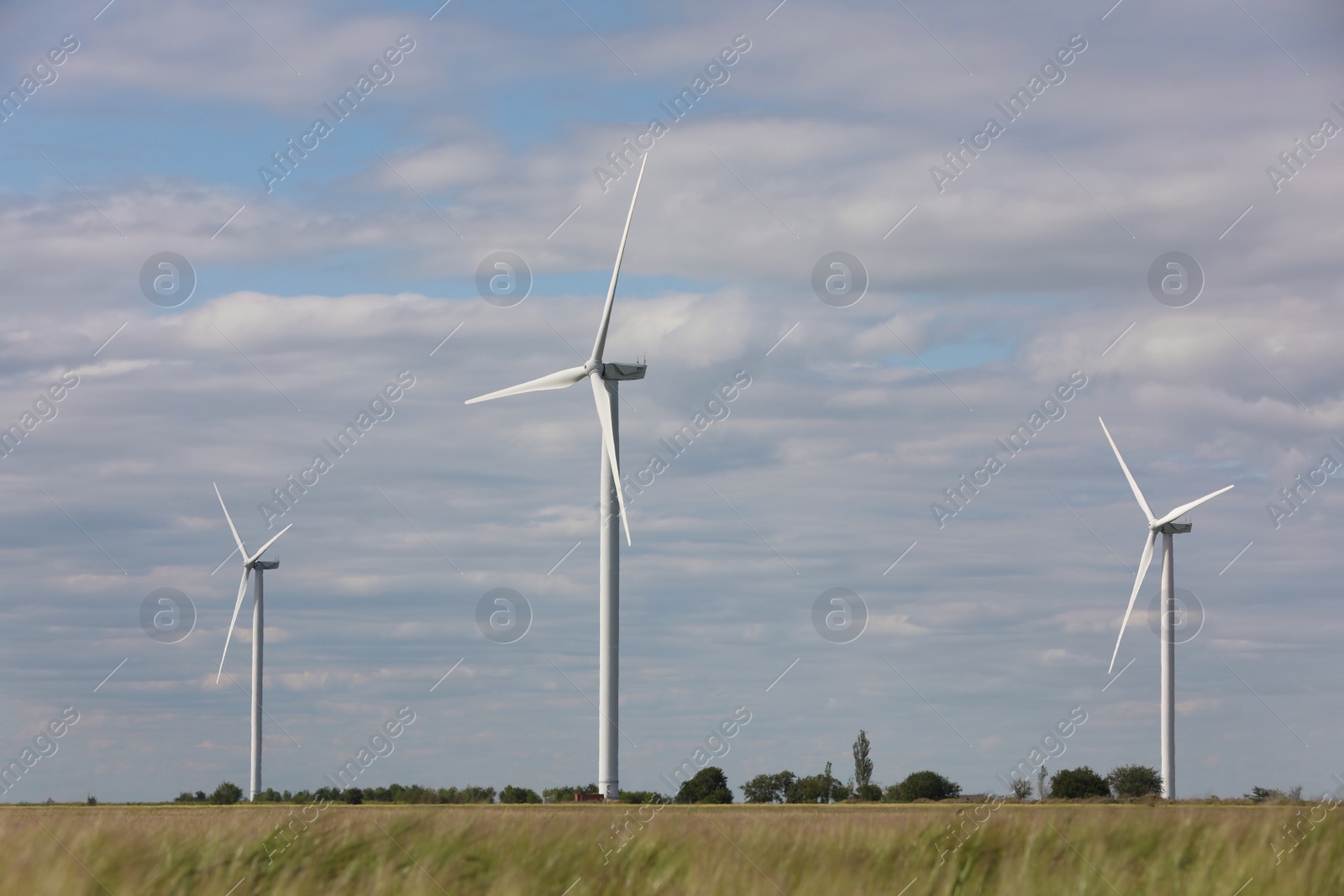 Photo of Beautiful view of field with wind turbines. Alternative energy source