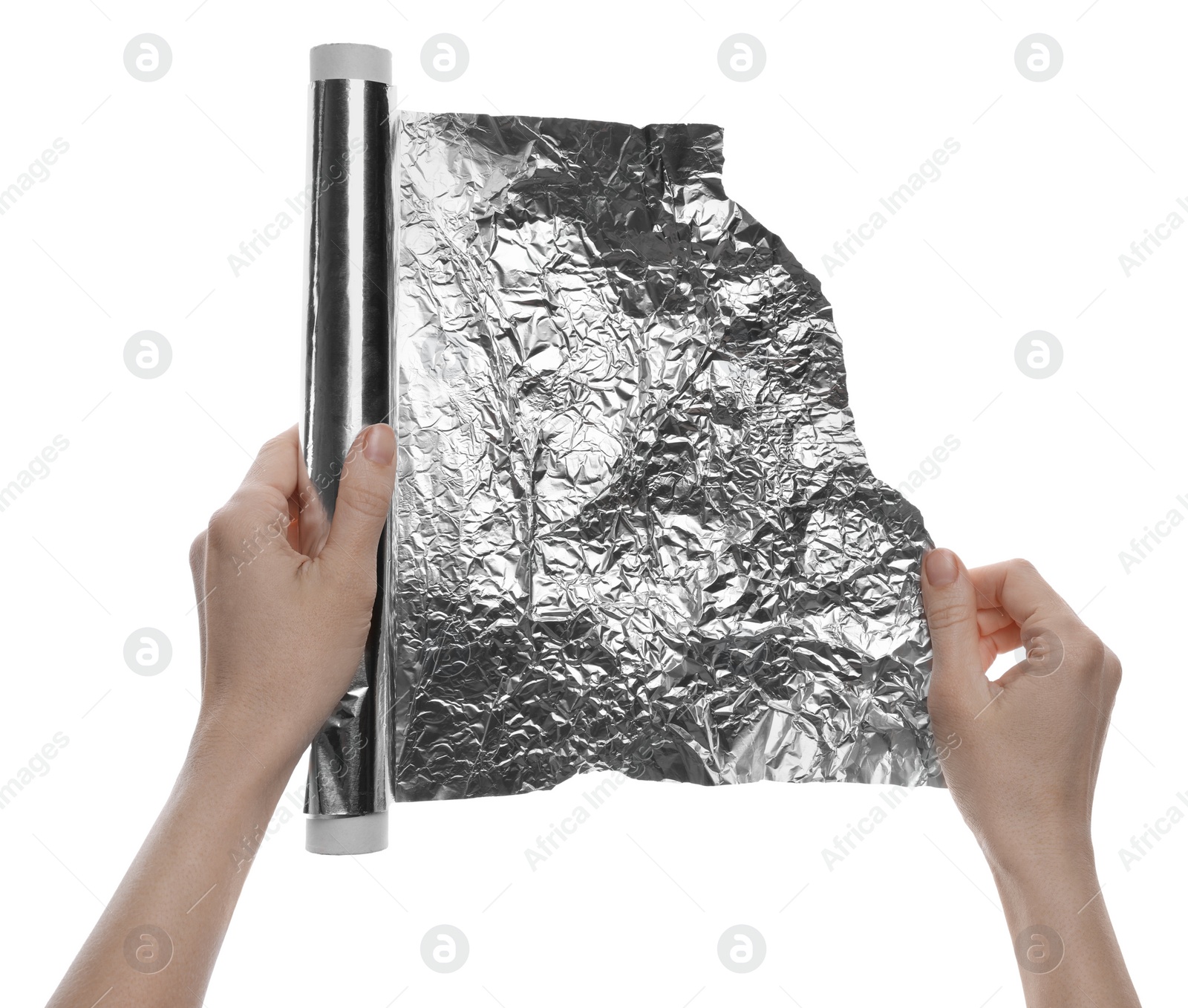 Photo of Woman holding roll of foil paper on white background, closeup