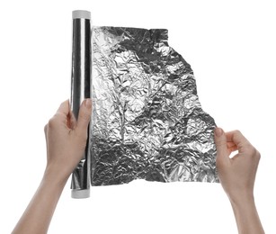 Photo of Woman holding roll of foil paper on white background, closeup