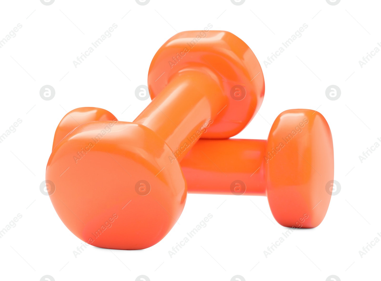 Photo of Orange dumbbells isolated on white. Sports equipment