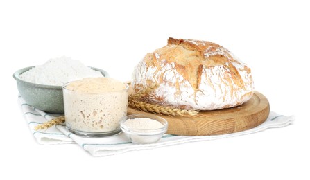 Freshly baked bread, sourdough, flour and spikes on white background