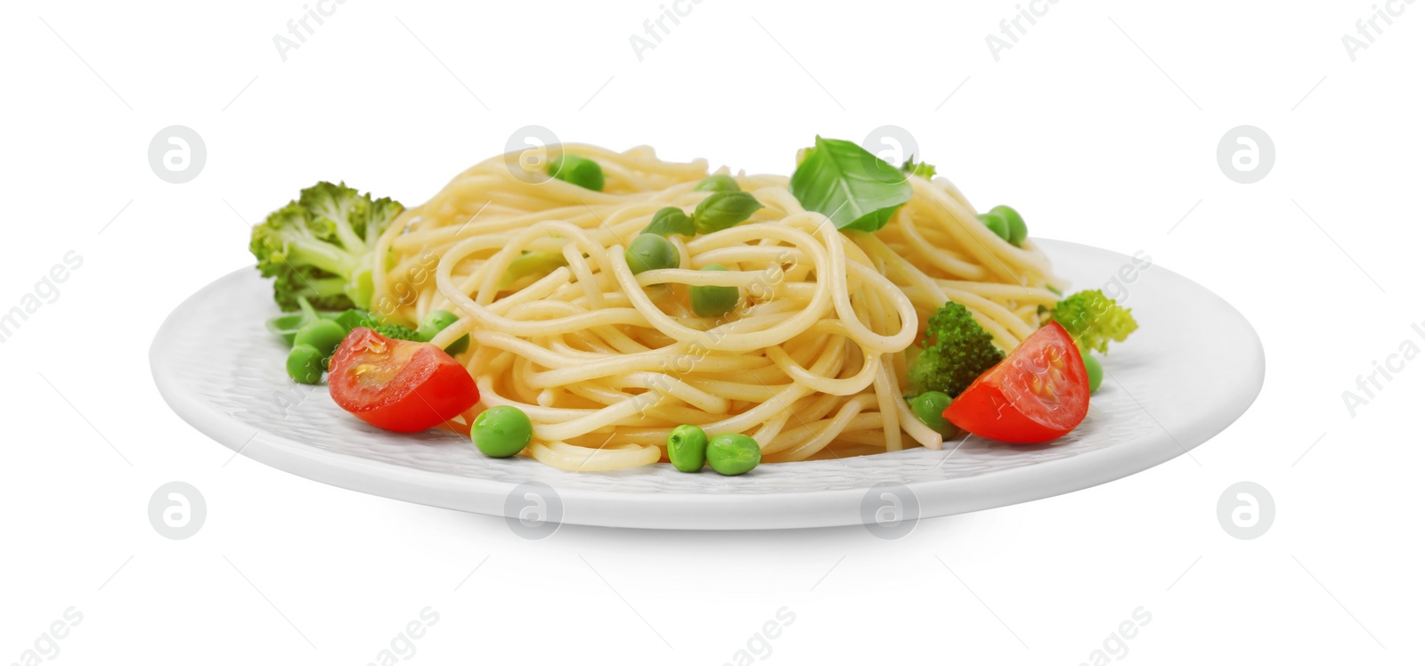 Photo of Plate of delicious pasta primavera isolated on white