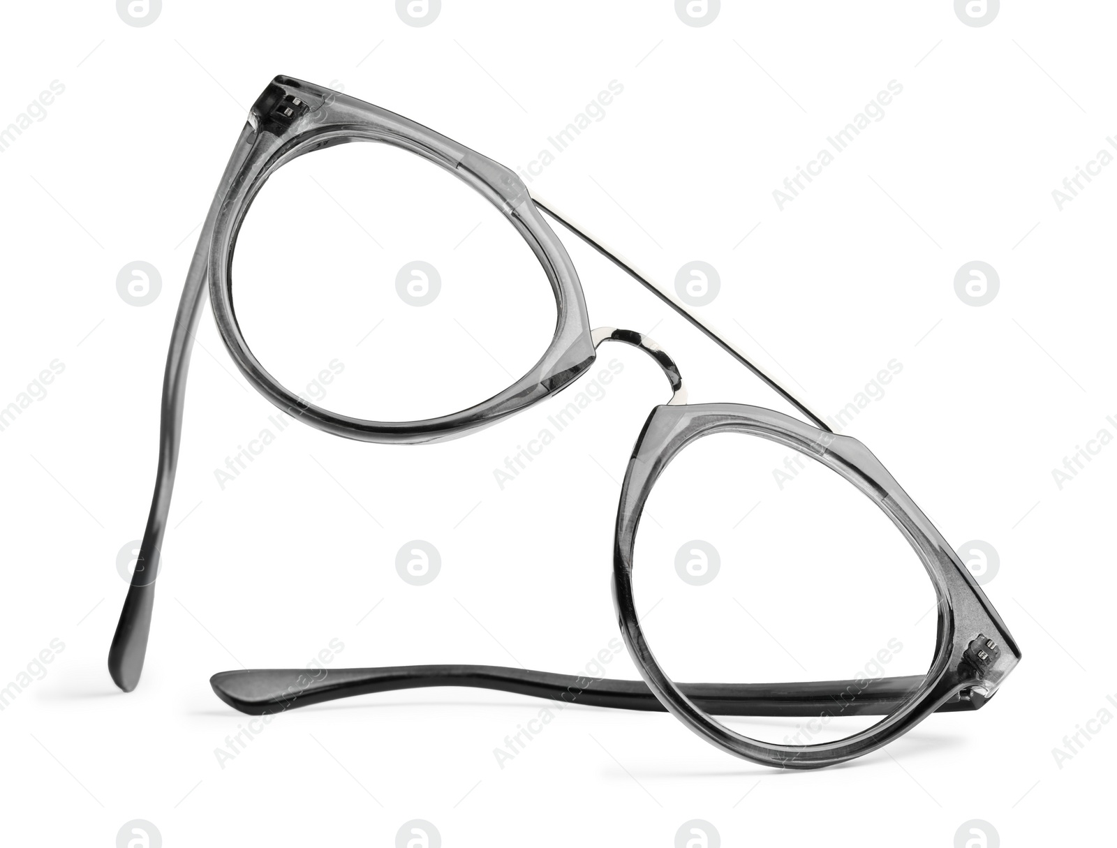 Photo of Stylish glasses with grey frame isolated on white