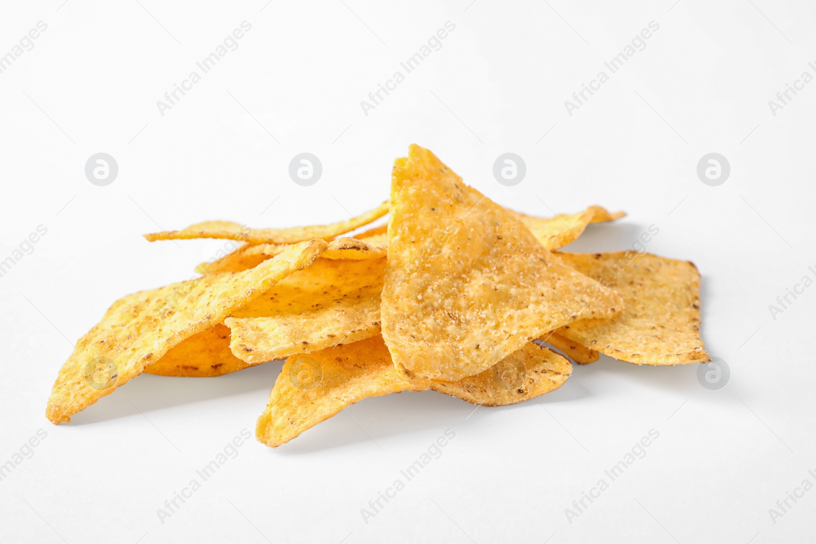 Photo of Tasty Mexican nachos chips on white background