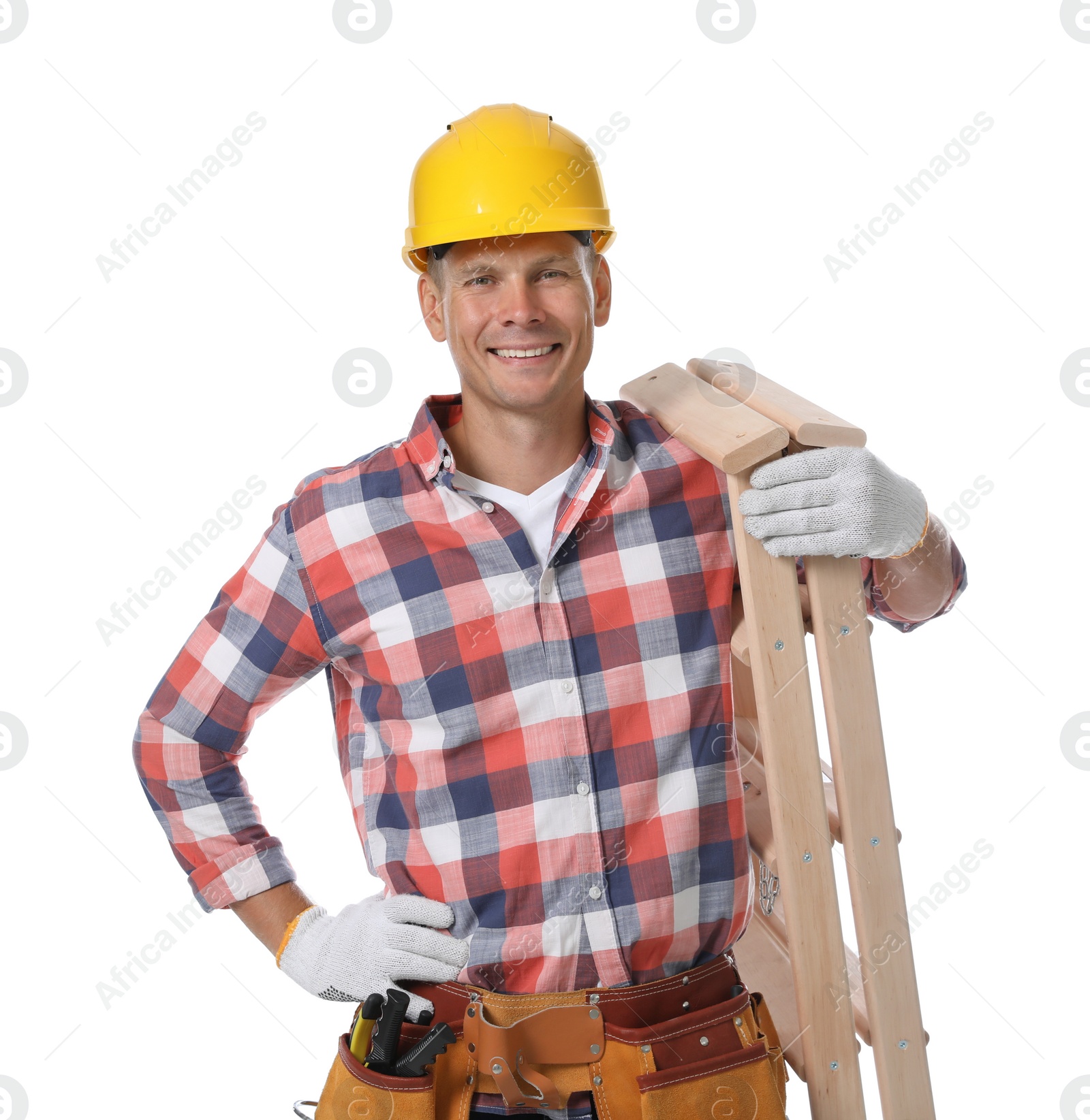 Photo of Professional constructor with wooden ladder on white background