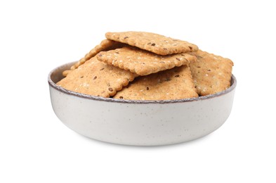 Photo of Cereal crackers with flax and sesame seeds in bowl isolated on white