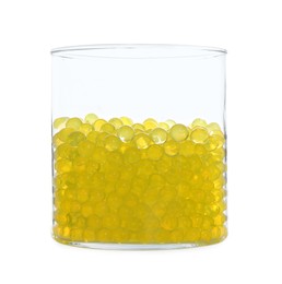 Yellow filler in glass vase isolated on white. Water beads