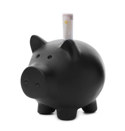 Photo of Black piggy bank with money on white background
