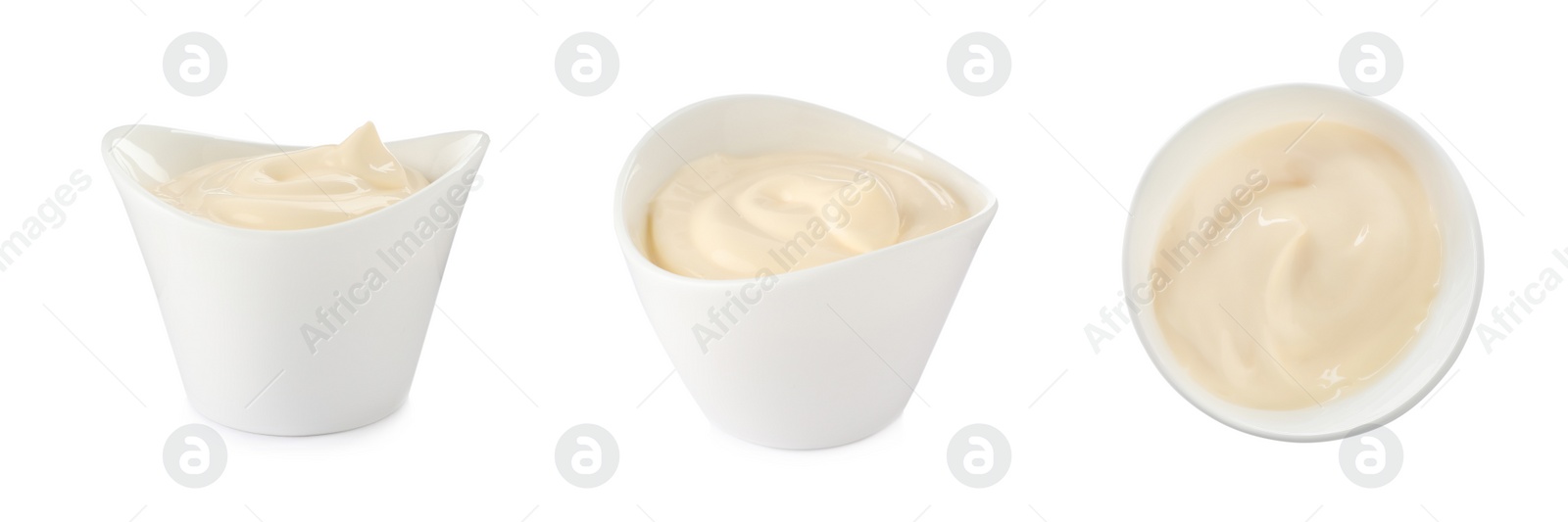 Image of Set with tasty mayonnaise on white background. Banner design