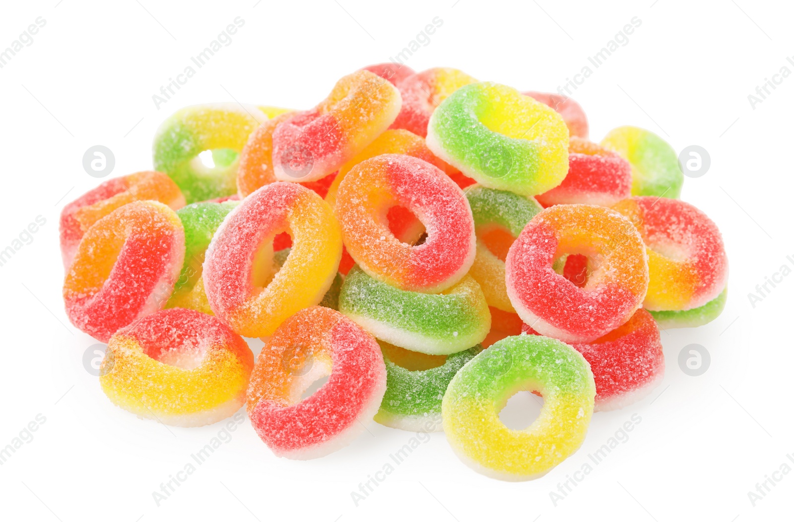 Photo of Pile of tasty colorful jelly candies on white background