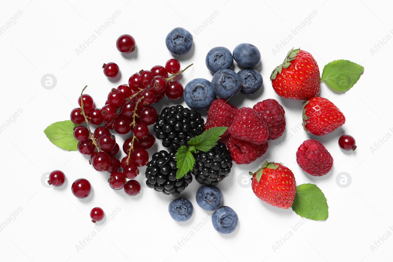 Photo of Many different fresh berries and mint leaves on white background, flat lay