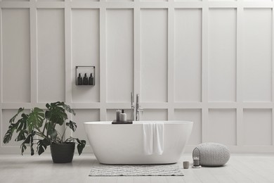 Photo of Modern ceramic bathtub and green plant near white wall indoors