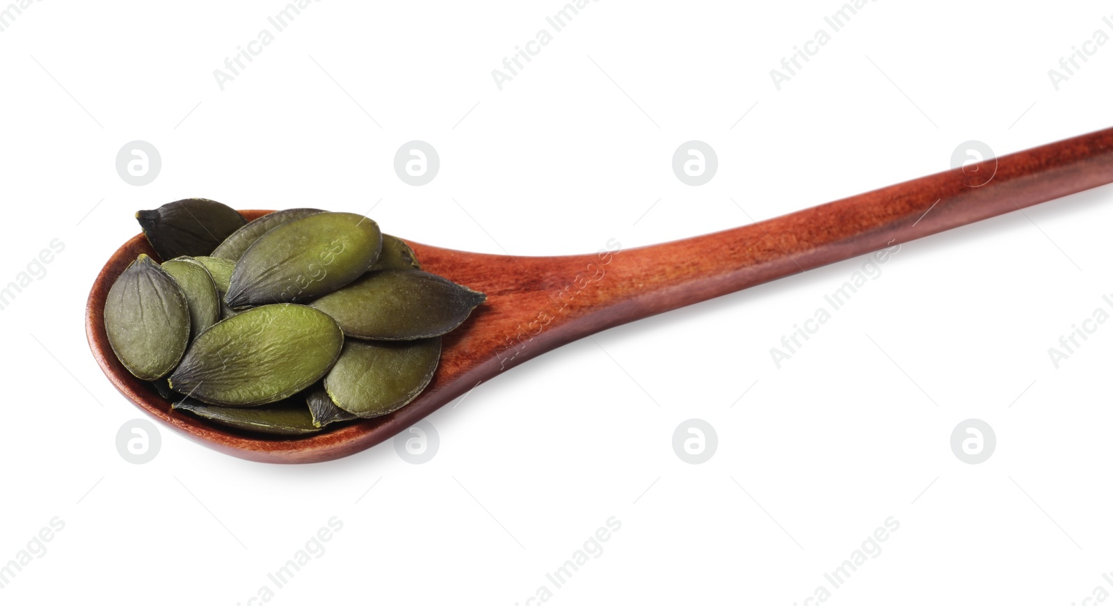 Photo of Wooden spoon with pumpkin seeds isolated on white