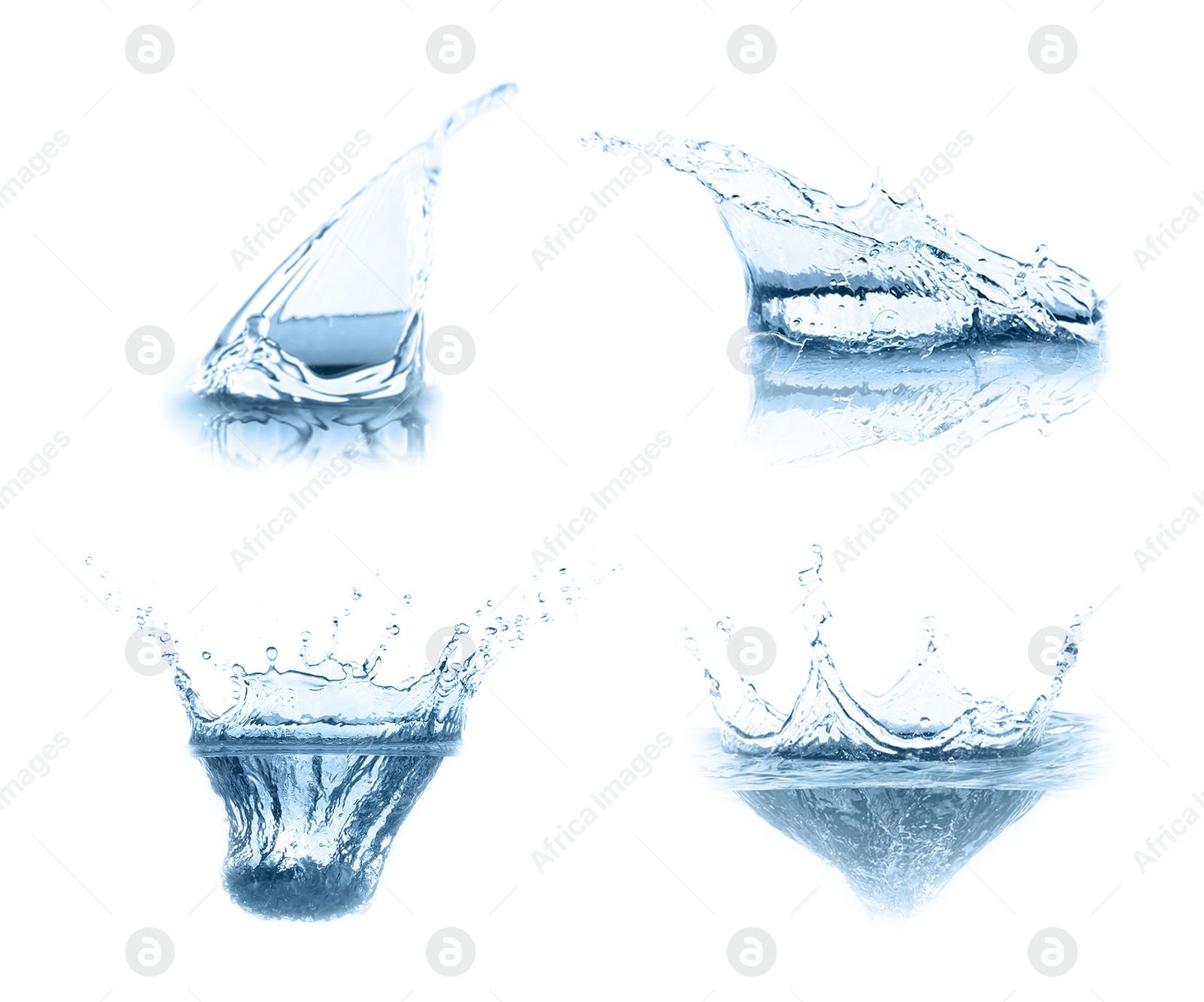 Image of Set with clear water splashes on white background