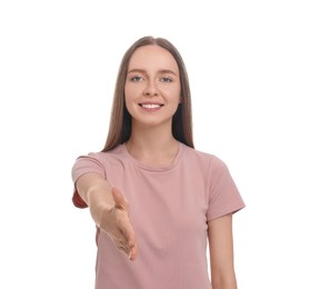Photo of Happy young woman welcoming and offering handshake on white background