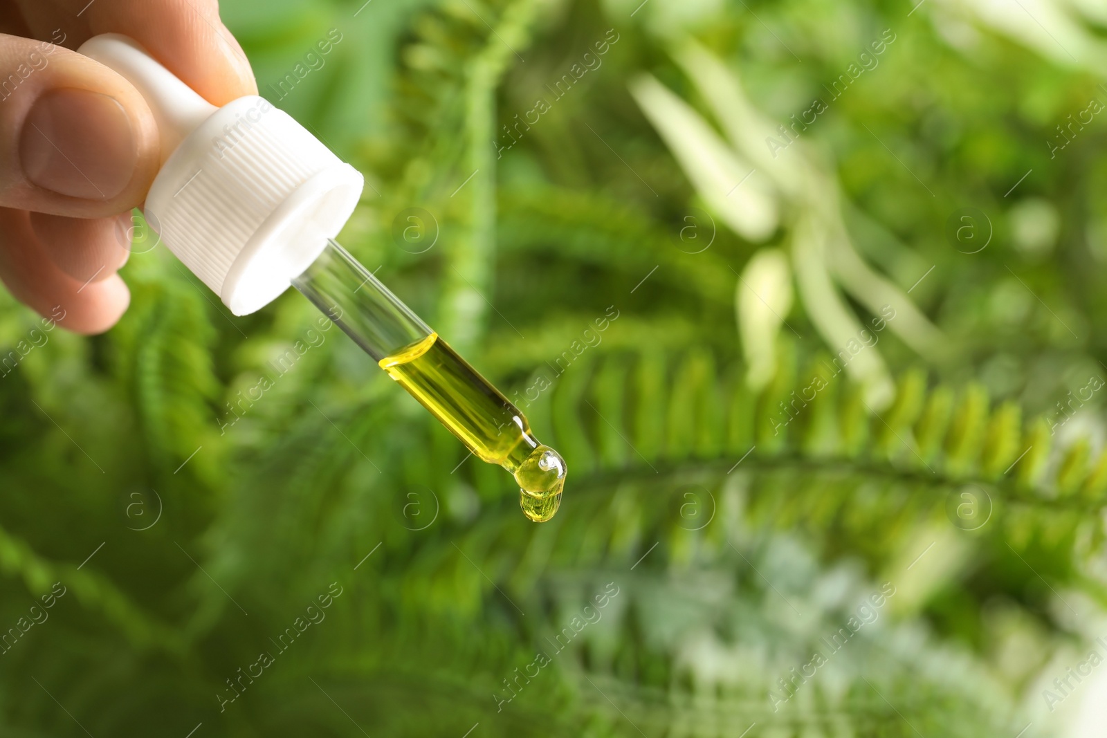 Photo of Woman holding pipette with oil on blurred background. Space for text