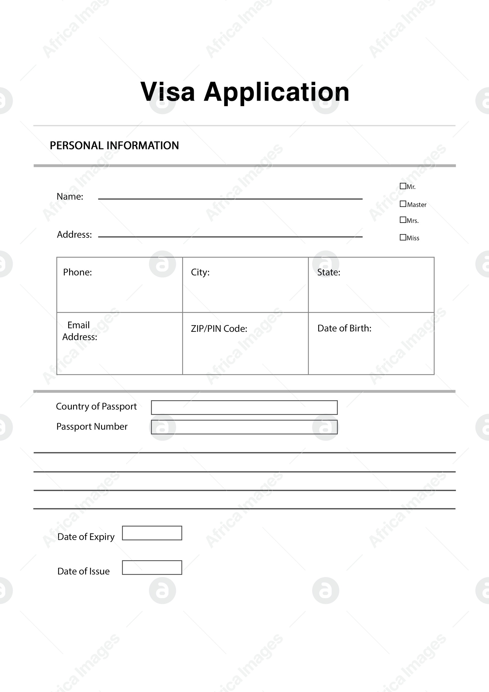 Illustration of Empty visa application form for immigration, illustration